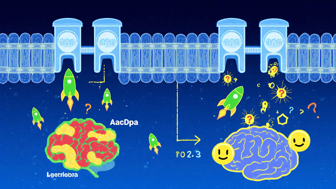 Cartoon brain cross‑section with levodopa crossing the blood‑brain barrier and turning into dopamine.