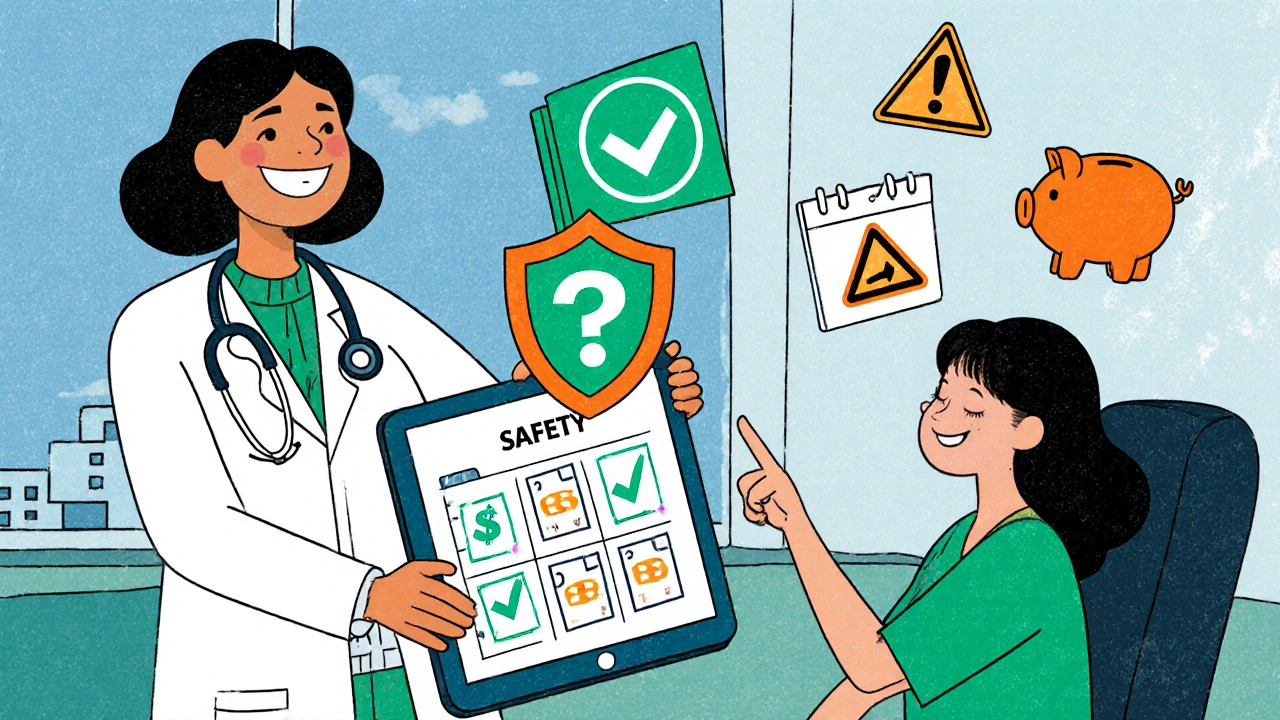 Cartoon doctor and patient discussing medication choices with cost and adherence icons.