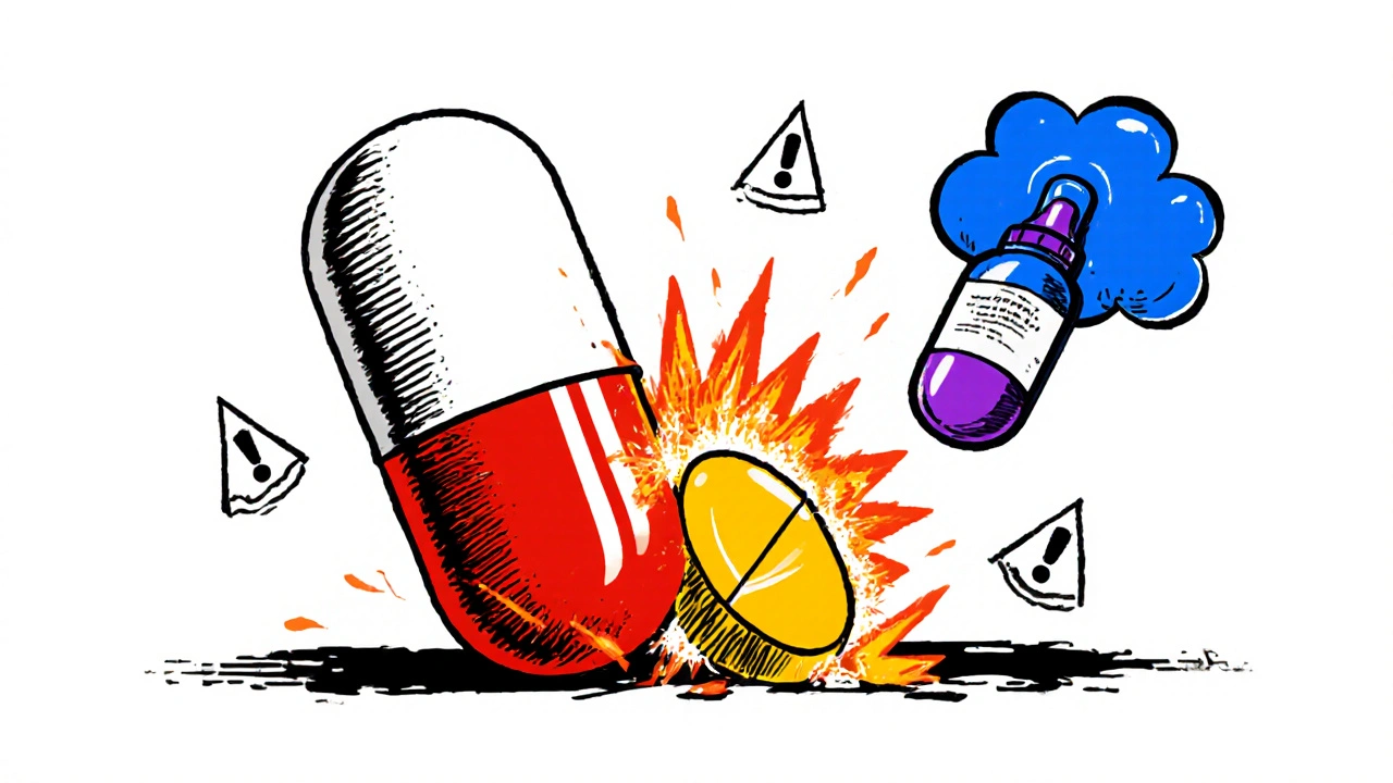 Cartoon of dangerous drug interaction with statin pill colliding with boosted protease inhibitor.
