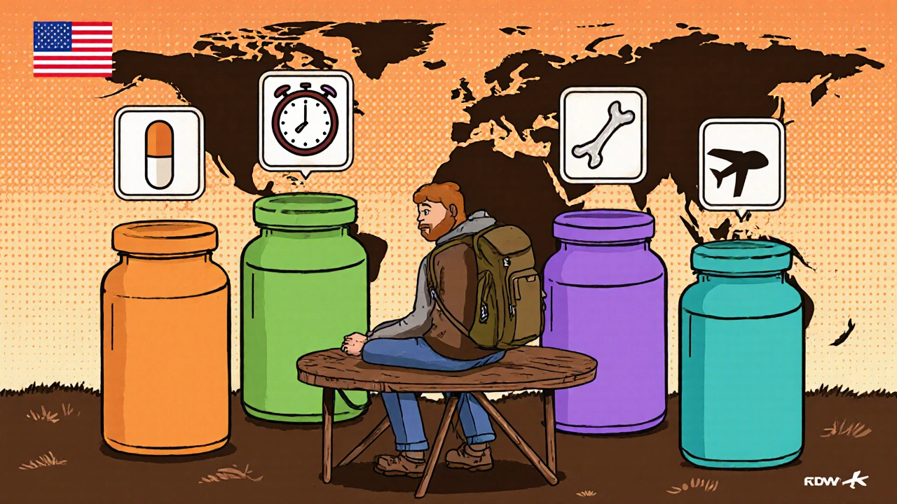 Cartoon traveler surrounded by colorful pill bottles representing various antibiotics and travel icons.