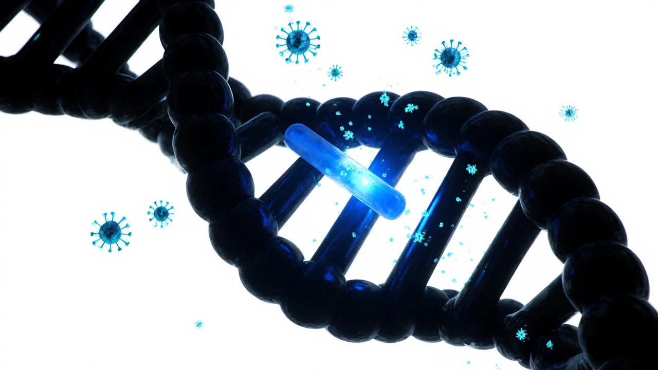 Close‑up of DNA helix breaking where a blue Zidovudine molecule inserts, stopping viral replication.