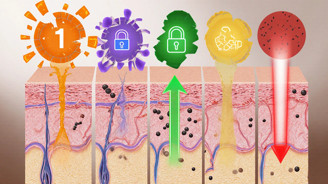 Cross‑section illustration of skin showing how monobenzone, hydroquinone, azelaic acid, kojic acid, and laser work.