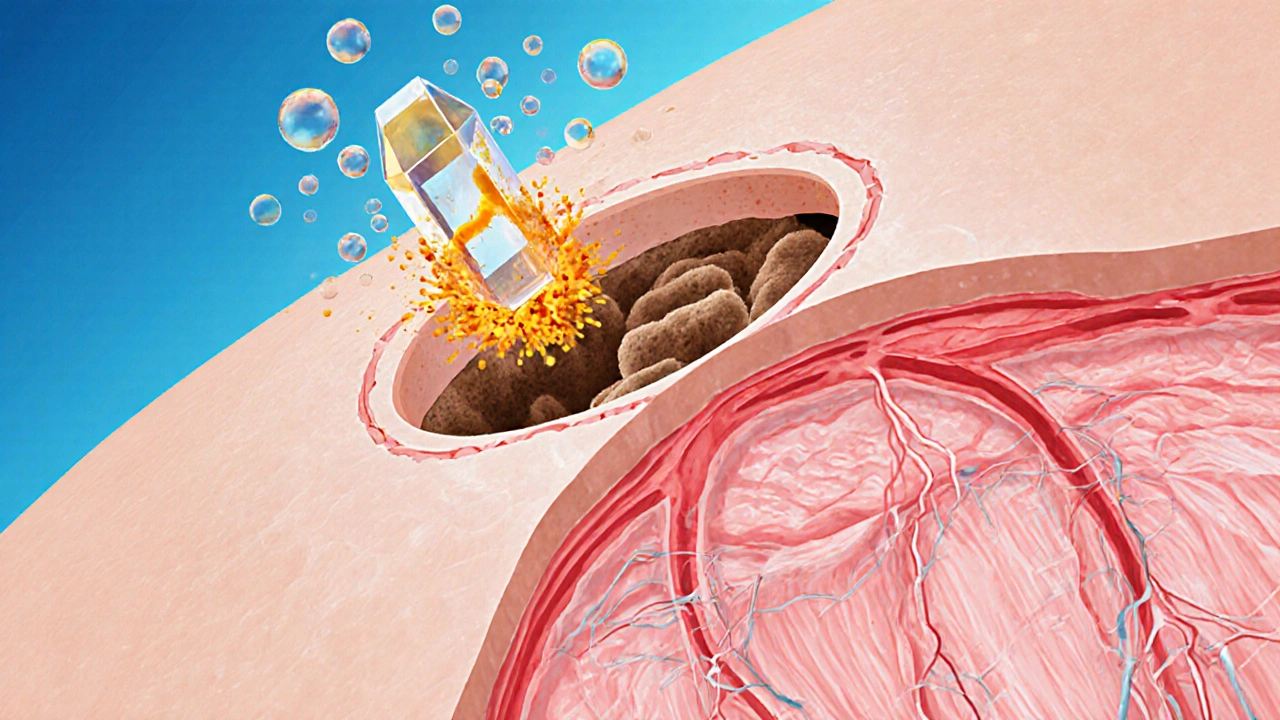 Cross‑section of skin pore showing benzoyl peroxide releasing oxygen bubbles that kill acne bacteria.