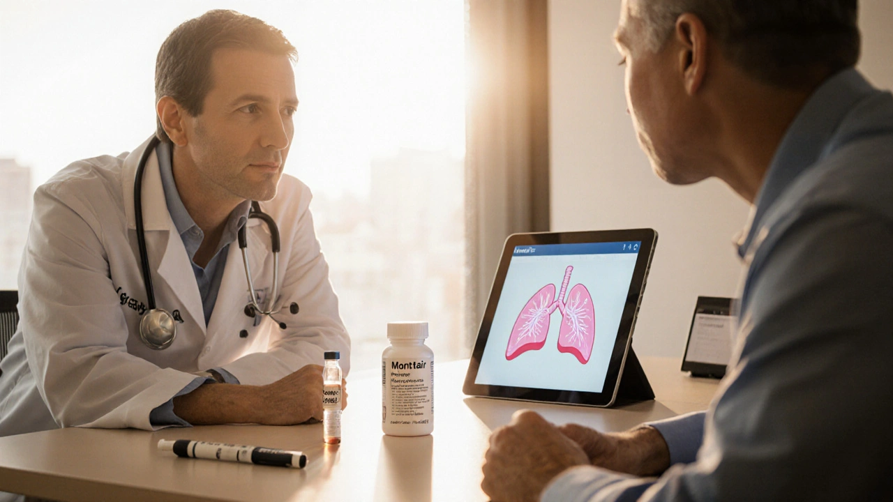 Doctor and patient reviewing asthma treatment options with medication samples and a liver test tube.