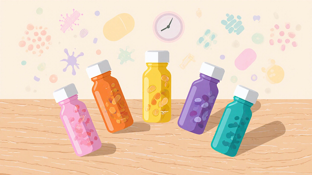 Five antibiotic bottles with colored pills on wood, surrounded by faint bacterial shapes.