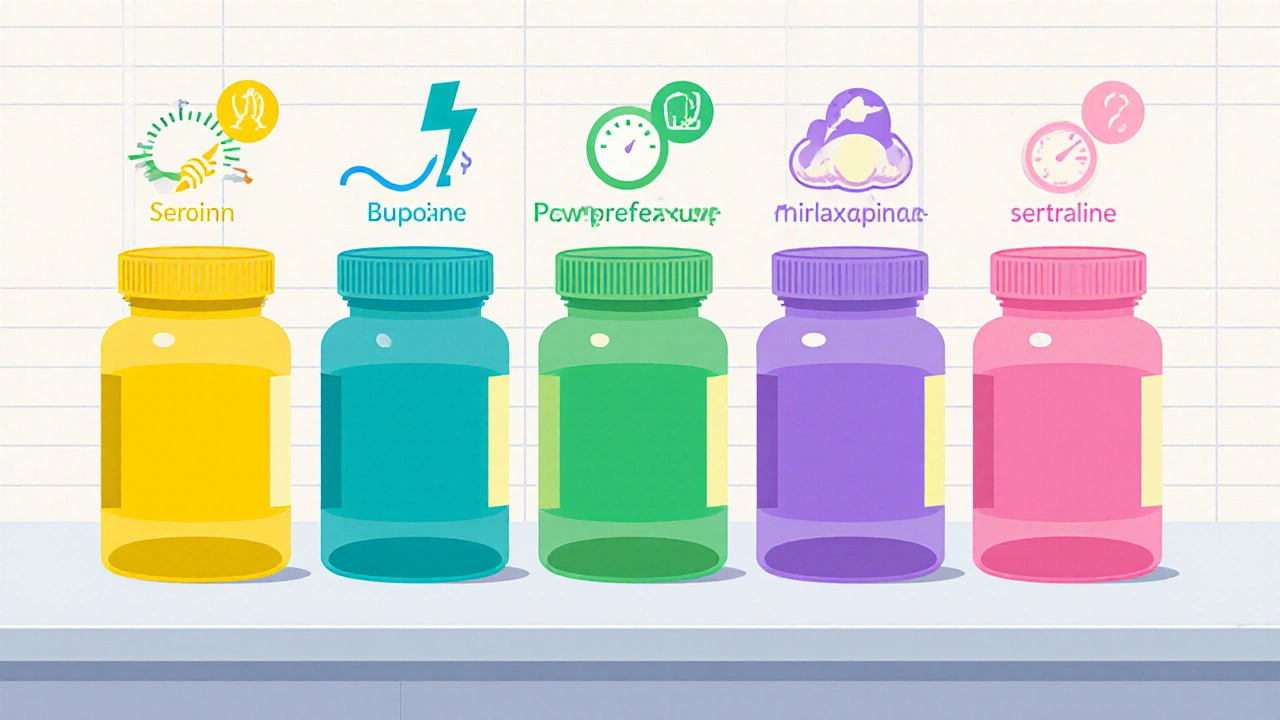 Five colorful pill bottles each surrounded by icons representing different antidepressant mechanisms.