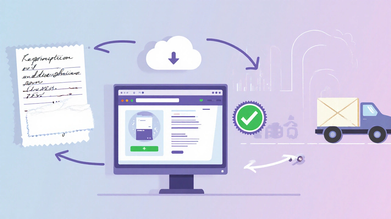 Flat illustration showing prescription, upload, pharmacy verification, parcel, and delivery steps.