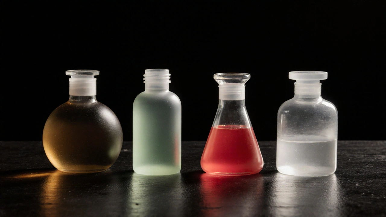 Four medication bottles with different shapes and subtle color accents on a dark table.