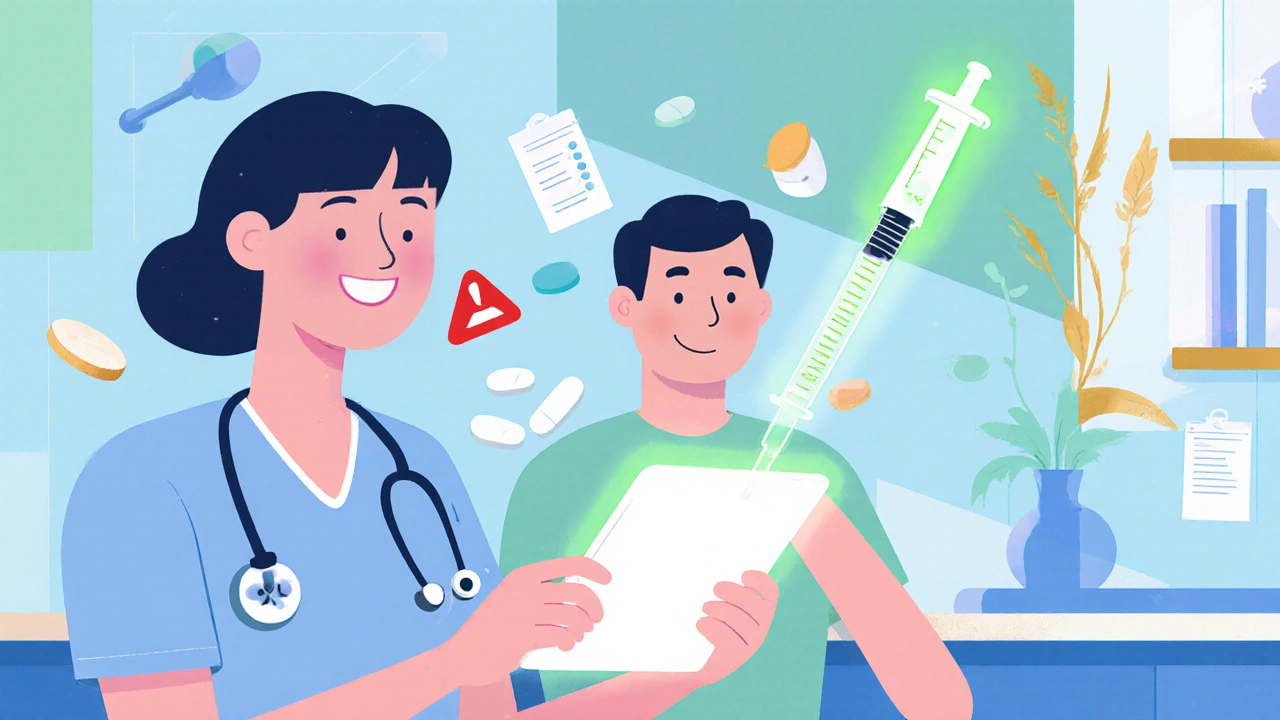 Futuristic clinic scene showing AI interaction checker and subcutaneous HIV injection.
