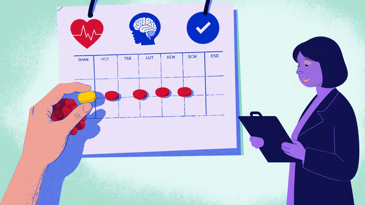 Hands exchanging pills with a calendar showing tapering doses, a doctor silhouette, and monitoring icons.