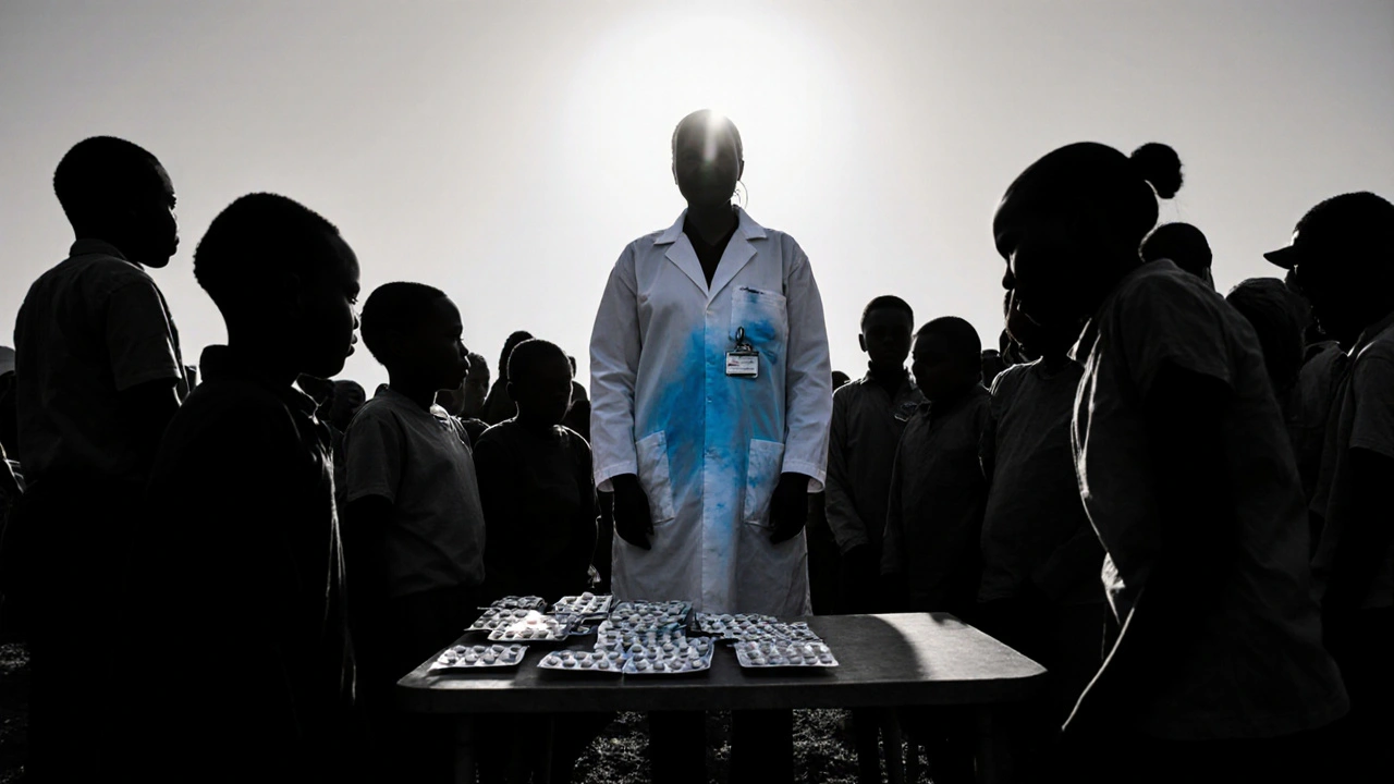 Health worker distributing pills to a crowd in a rural sunrise scene.