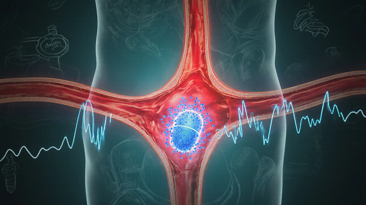 Illustrated cross‑section of male anatomy showing blood flow and blue tablet particles.
