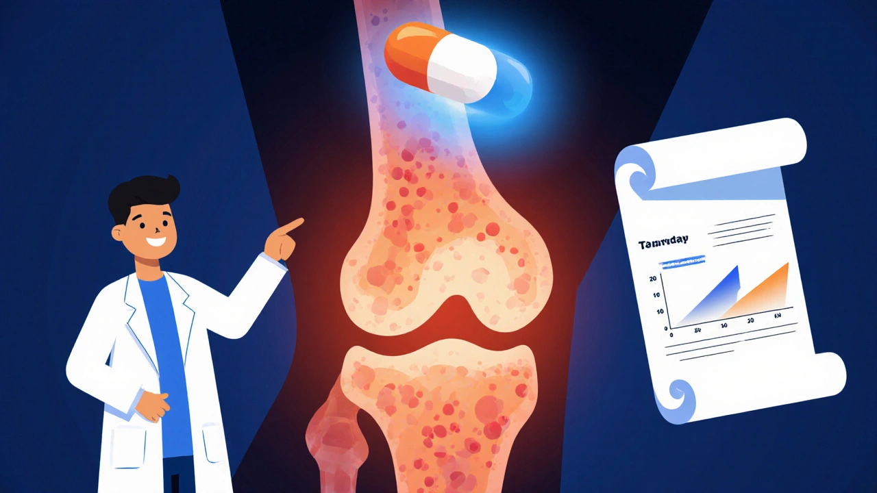 Illustrated knee joint with inflammation and a glowing Etodolac pill beside it.