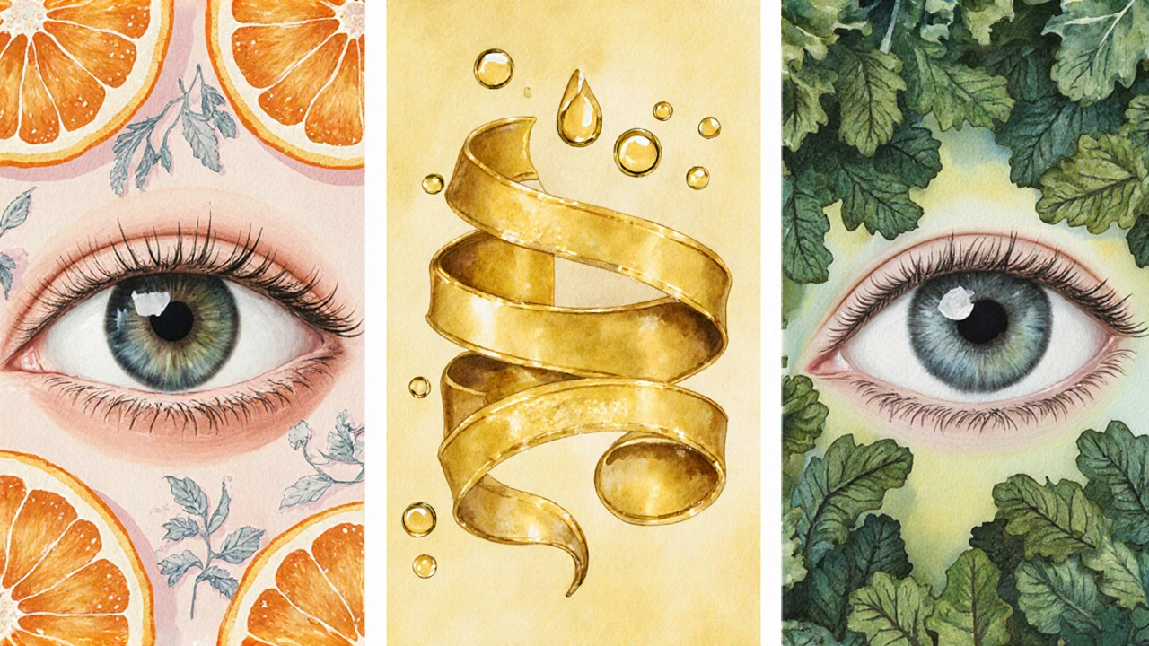 Illustration of vitamin C, vitamin E, and lutein protecting an eye from swelling.