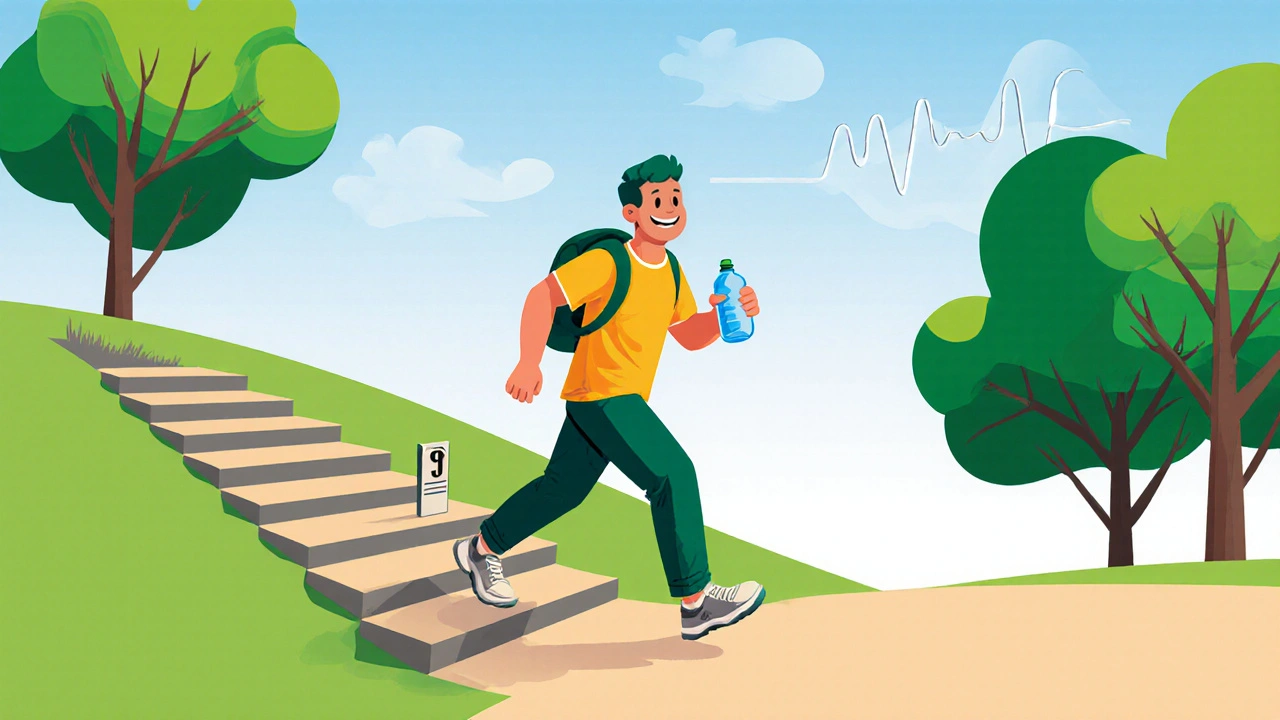 Individual with COPD confidently walking uphill and climbing stairs, showing improved stamina.
