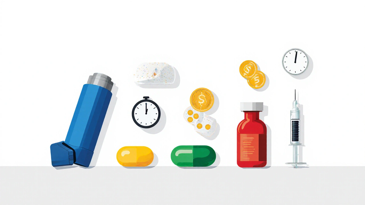 Lineup of various asthma medications: inhalers, tablets, capsules, and a syringe.