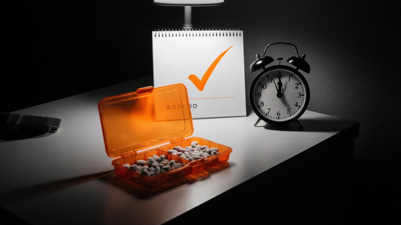 Nighttime bedside scene with orange‑accented pill organizer, alarm clock, and checked calendar.