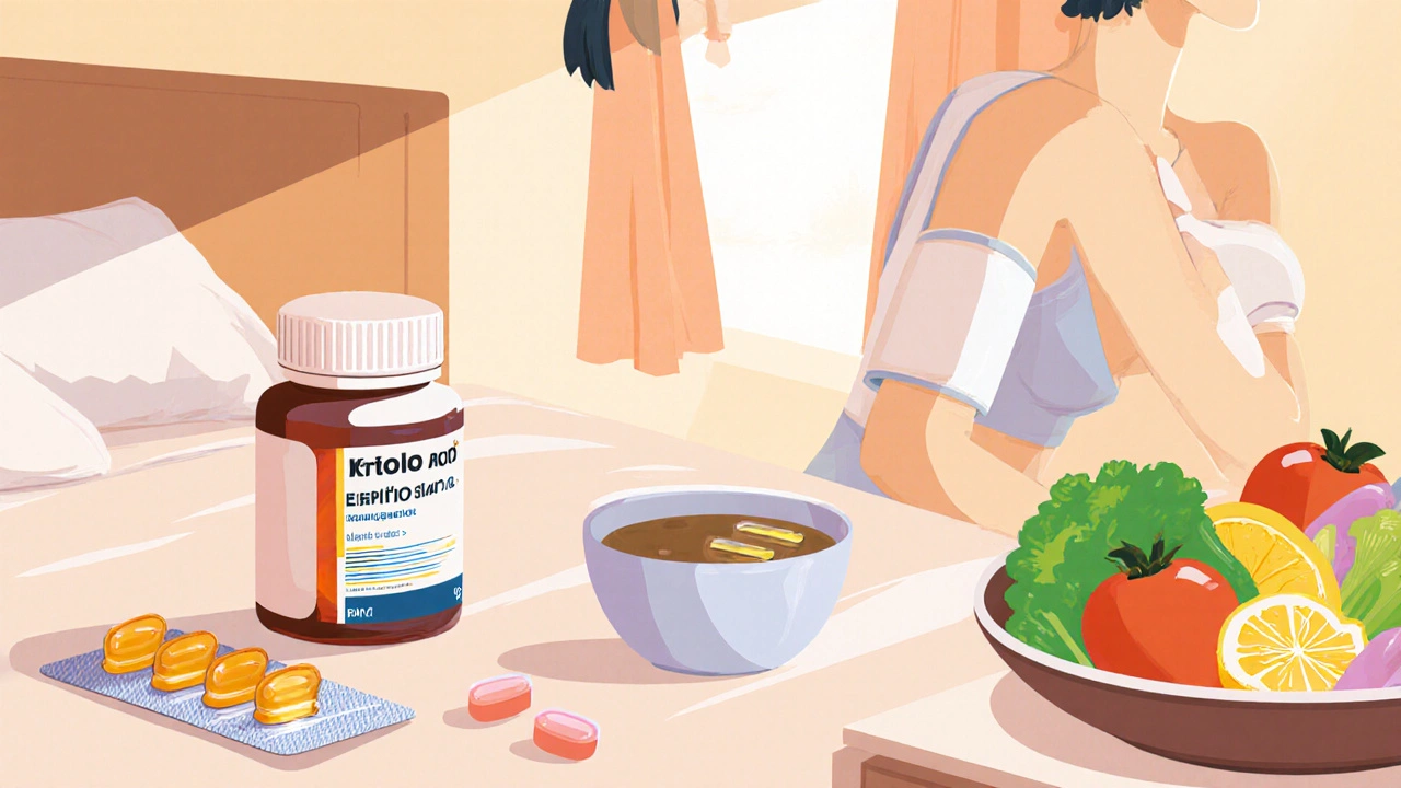 Patient doing physiotherapy with Etodolac bottle, antibiotics, and healthy food nearby.
