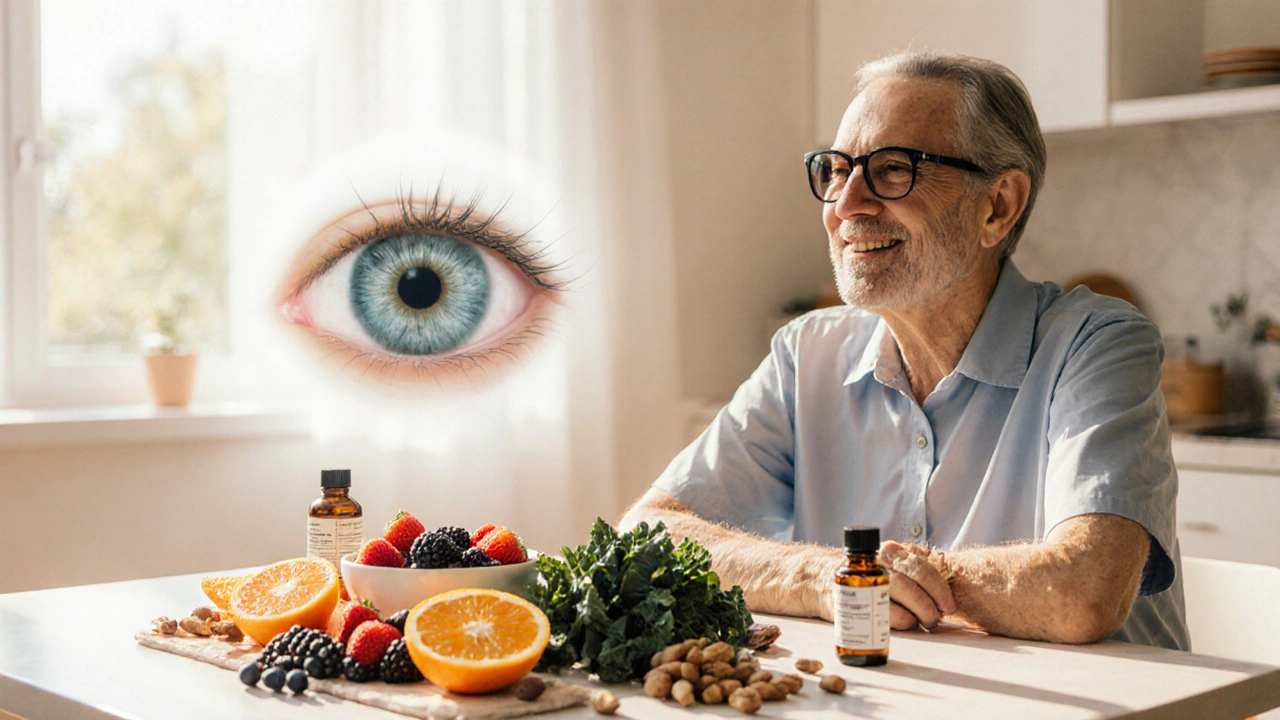 Patient enjoying antioxidant‑rich foods while a healed eye looks clear and calm.