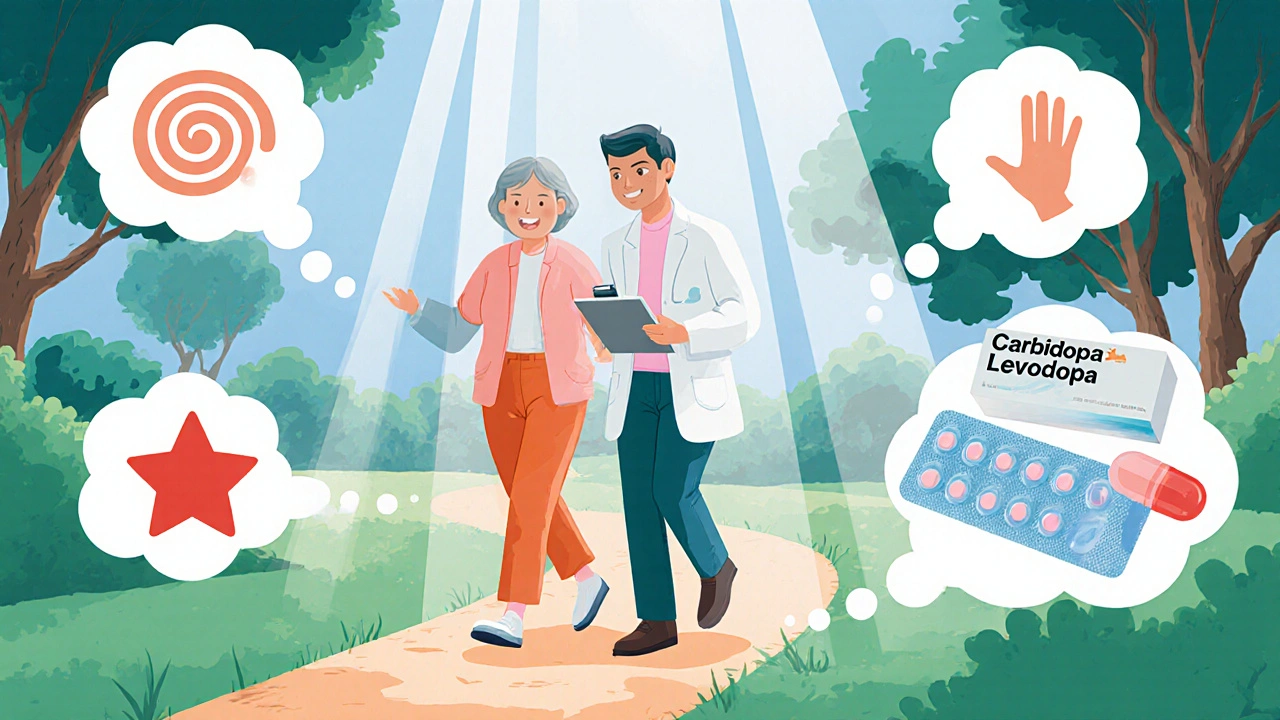 Patient experiencing improved movement with doctor’s guidance and icons of side effects and future delivery methods.
