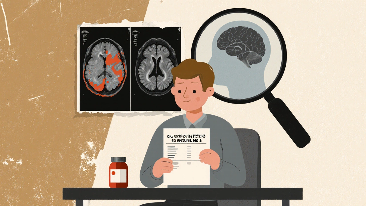Patient holding a blood test with JC virus index, while an MRI reveals hidden brain lesions.