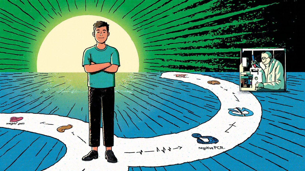 Patient walks a milestone path showing health improvements, with lab researchers studying new drug.