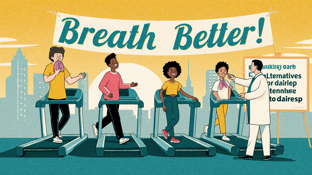 Patients in pulmonary rehab practicing breathing exercises with a doctor guiding them.