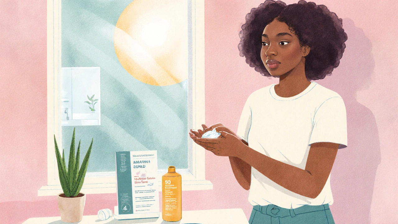 Person applying cream in a bright bathroom with sunscreen, plant, and a distant dermatologist office.