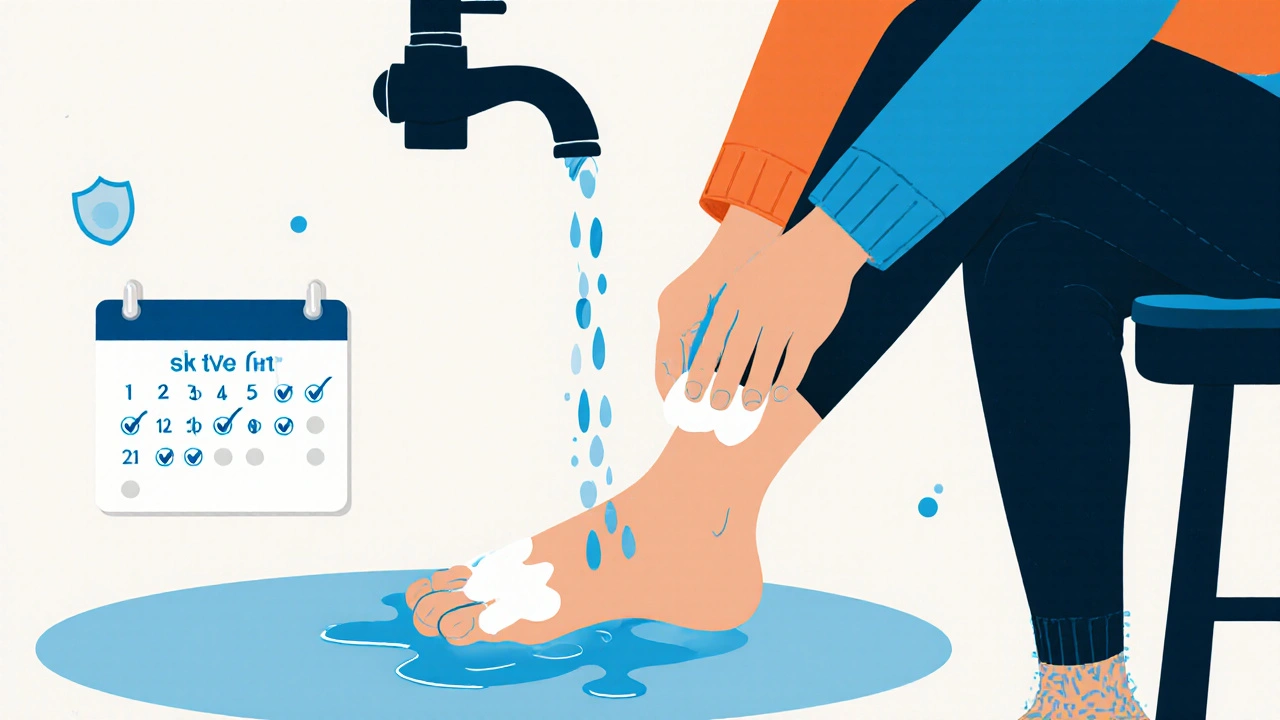 Person washing foot, applying cream, and a calendar with a week of check marks.