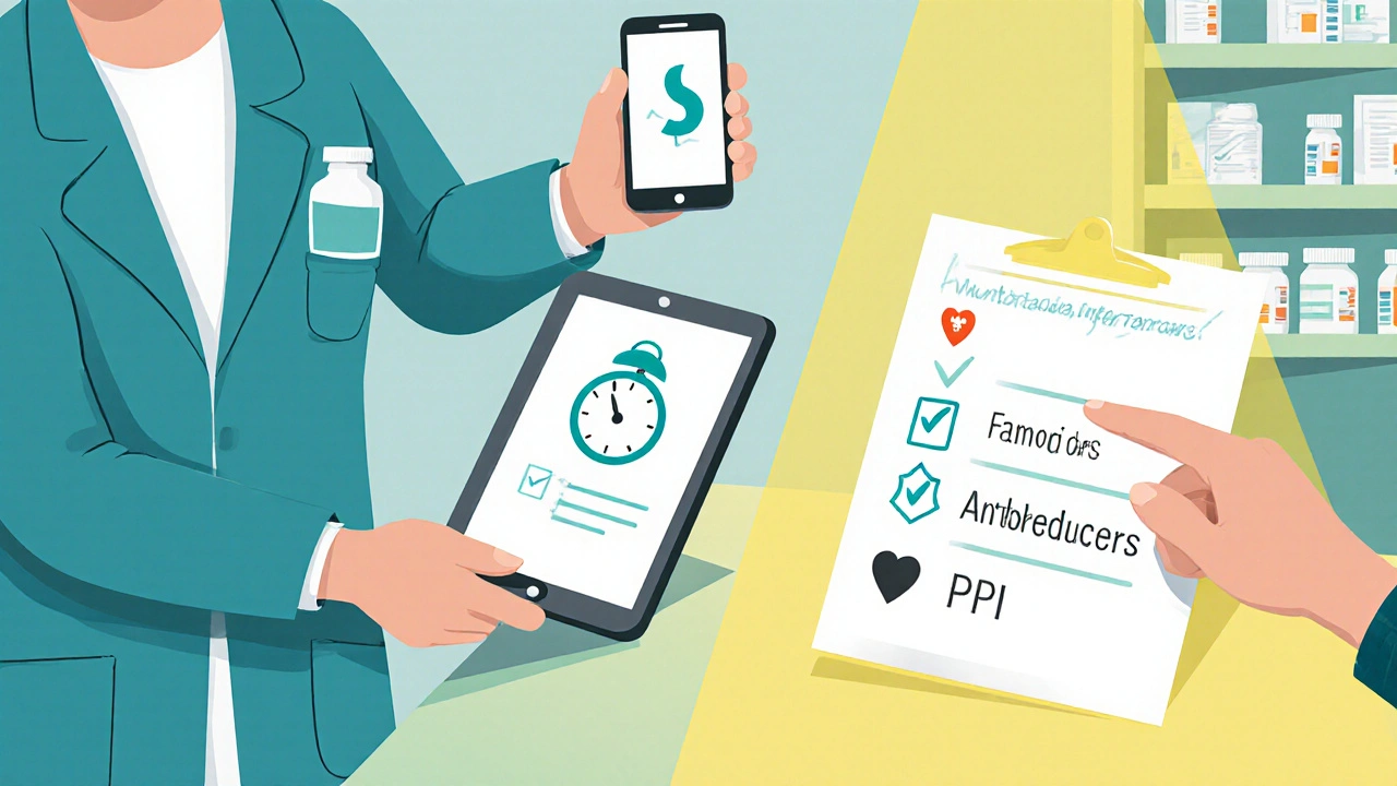Pharmacist counseling a patient, pointing to an alarm and checklist icons for safe medication timing.