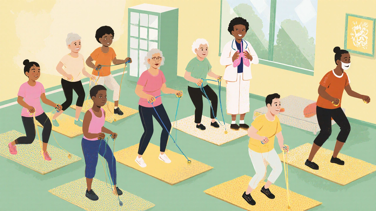 Pulmonary rehab class with participants using resistance bands and practicing breathing exercises.