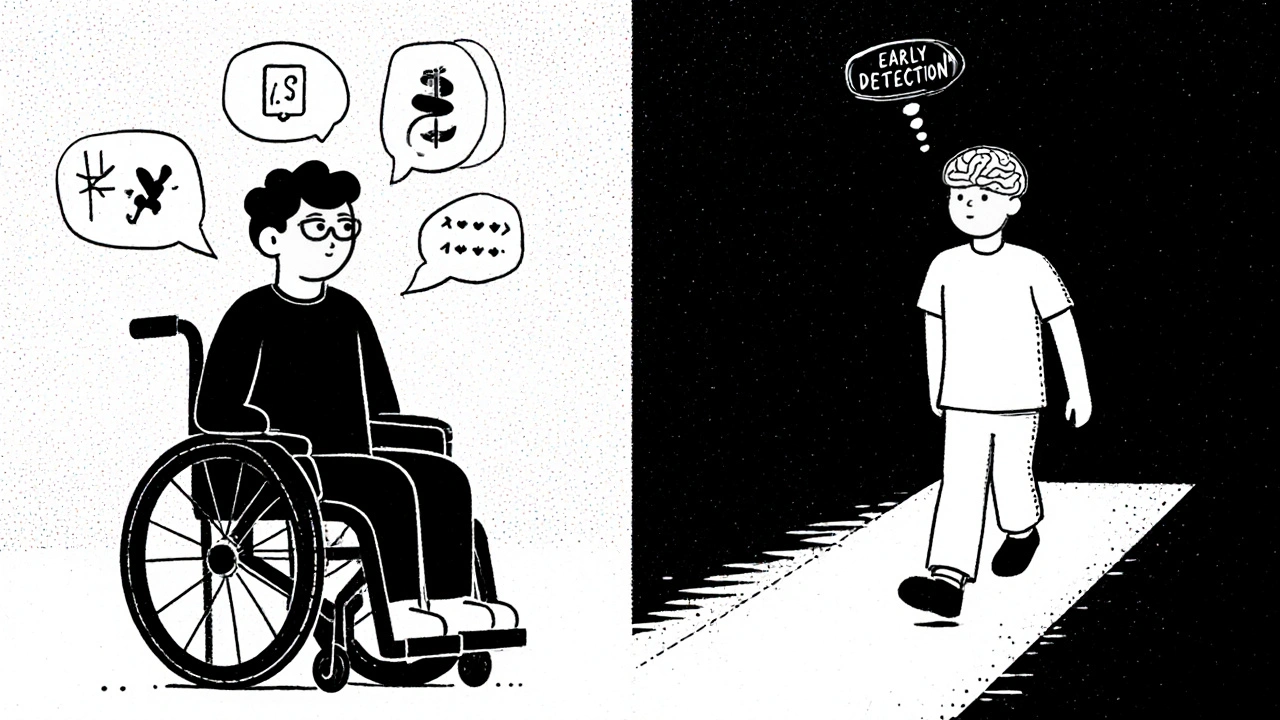 Split scene of a person’s decline and recovery from PML, connected by a path labeled 'Early Detection'.