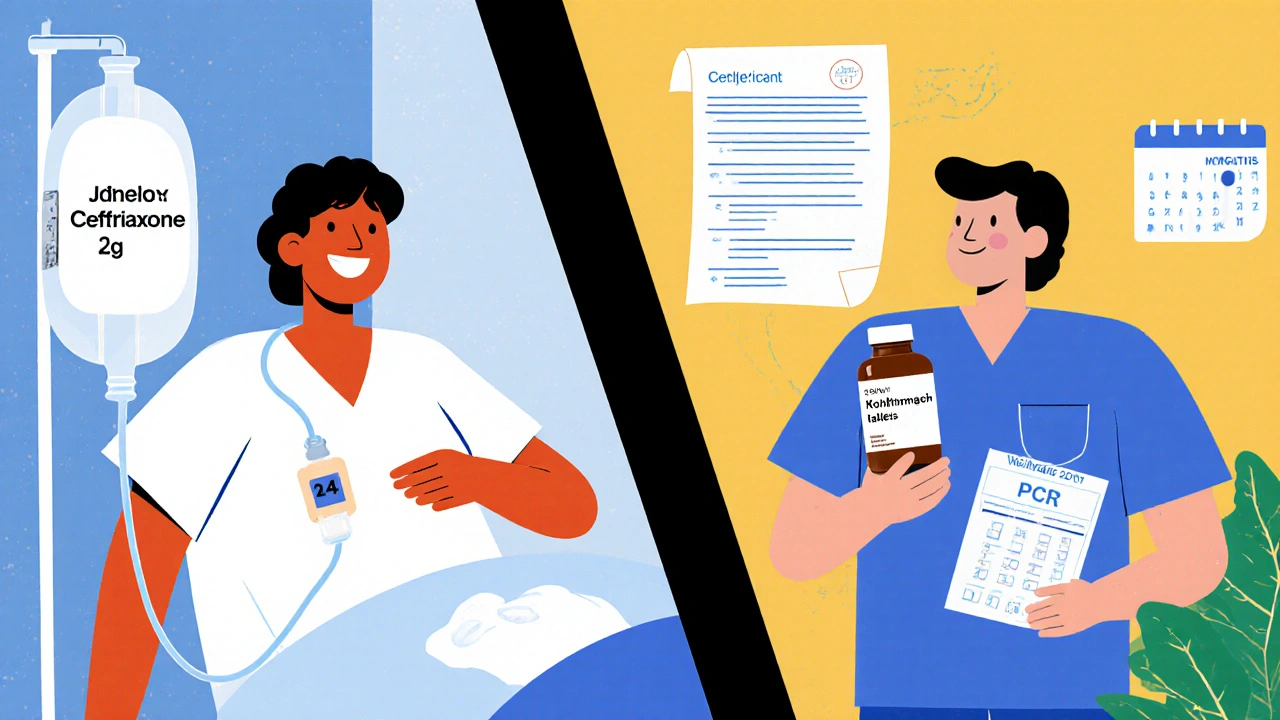 Split scene of IV ceftriaxone hospital treatment and home oral roxithromycin with calendar and PCR report.