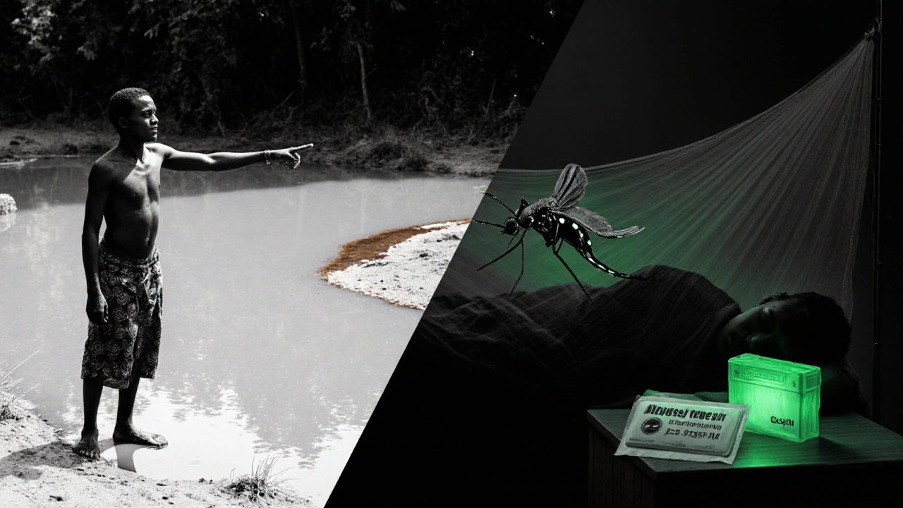Split scene showing myth of dirty water vs. mosquito transmission and net use.
