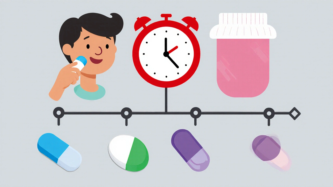 Split-screen cartoon with pills and clocks showing recommended timing gaps for different antibiotics.