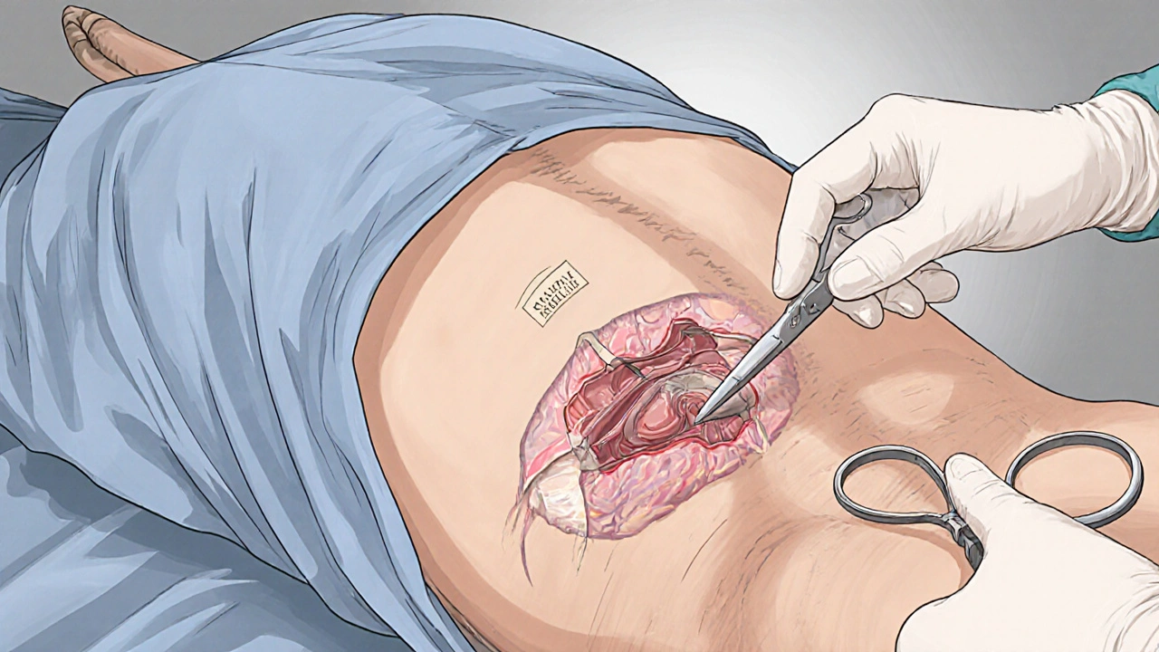 Surgeon performing penile adhesion release surgery with instruments in an operating room.