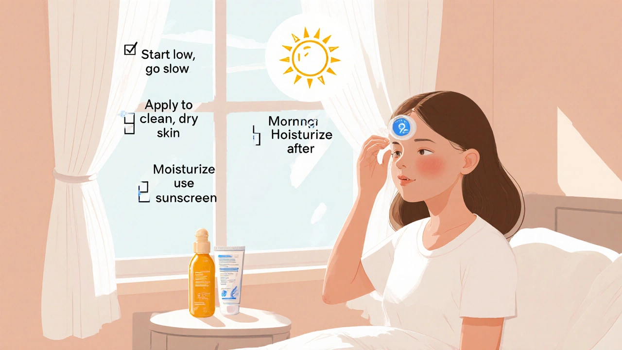 Teen applying benzoyl peroxide gel, then moisturizer, with sunscreen nearby and care tips icons.