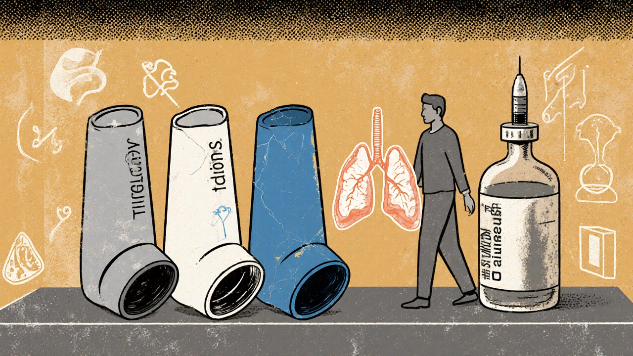 Three effective inhalers on a shelf, with Daliresp faded in the corner beside health symbols.