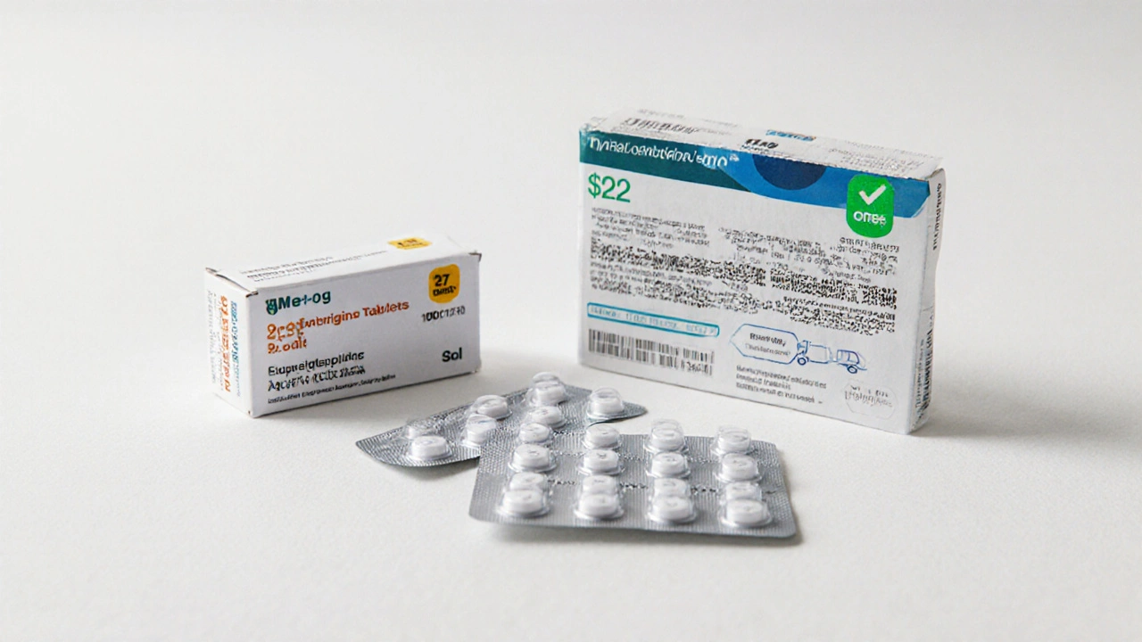 Three generic lamotrigine bottles with price tags, front one highlighted as best deal with free‑shipping box.