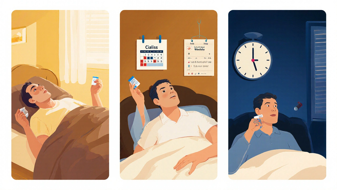 Three lifestyle scenes depicting daily, weekend, and rapid‑onset ED pill choices.