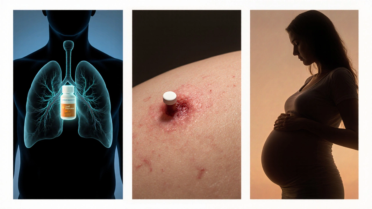 Three panels: lungs with azithromycin, skin abscess with clindamycin, pregnant woman with erythromycin.