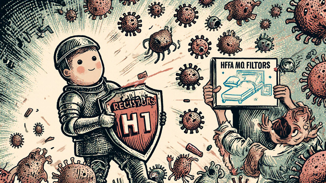 Tiny knight defending H1 receptors against growing swarm of allergens, with home solutions like HEPA filters in background.