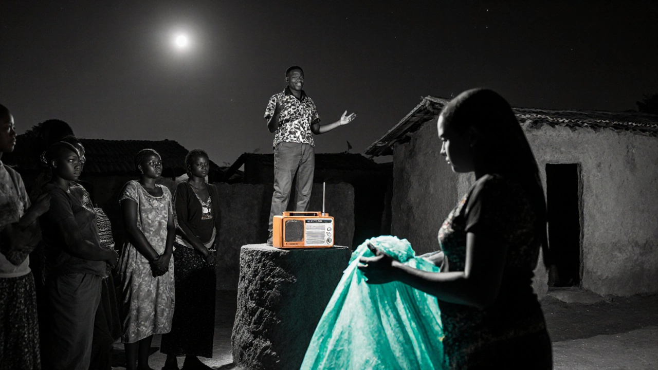Village outreach with radio drama, health worker handing a net.