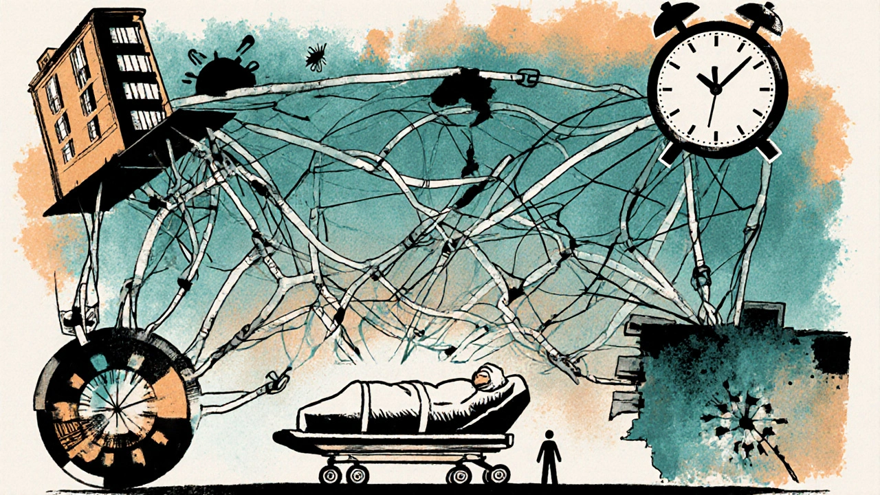 A broken supply chain web connecting a U.S. hospital to overseas factories, with a patient beneath a stopped clock.