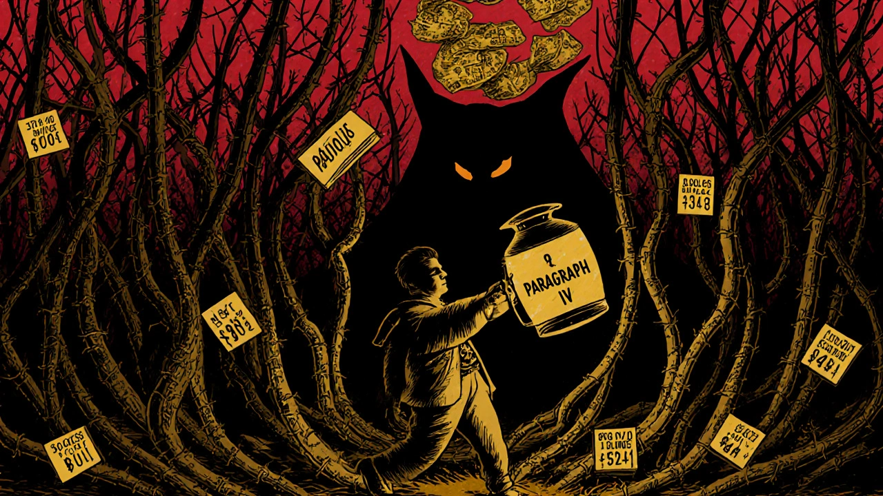 A lone figure pushing through a thicket of patent barbed wire, with money falling from above.