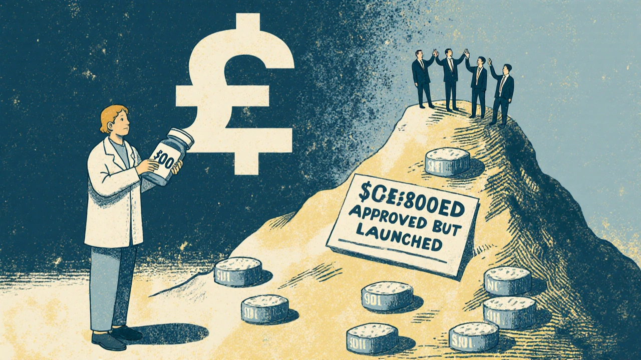 A patient beside a mountain of approved but unlaunched generic drugs, overshadowed by a giant dollar sign and distant pharmaceutical executives.