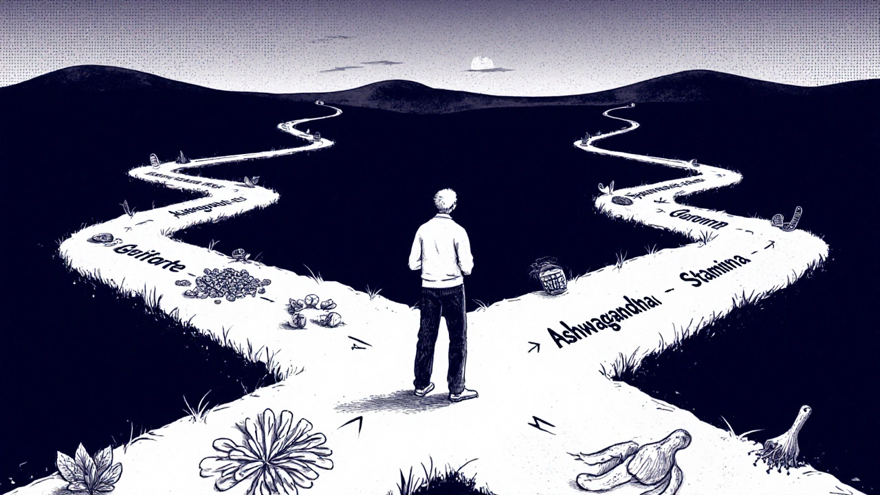 A person at a crossroads choosing between supplement paths, each with unique symbols, in vintage screenprint aesthetic.