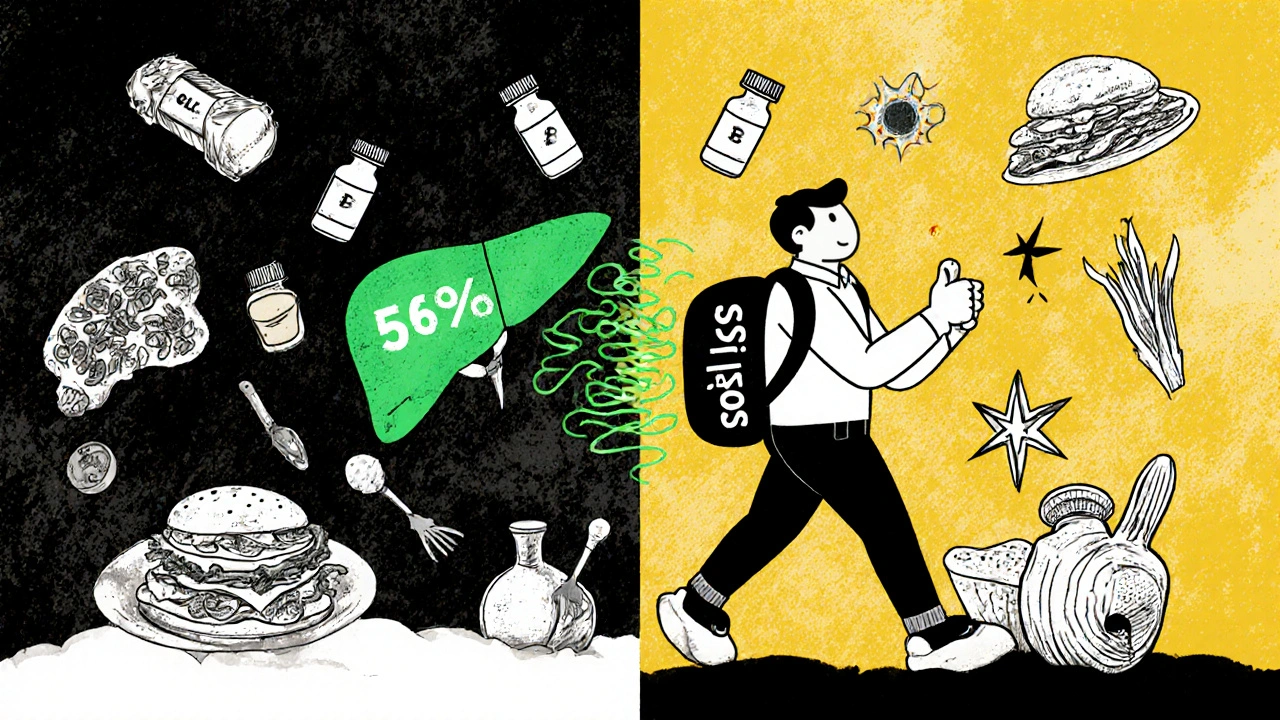 A person transforming from 5% to 10% weight loss, with GLP-1 drugs and healthy foods aiding liver recovery.