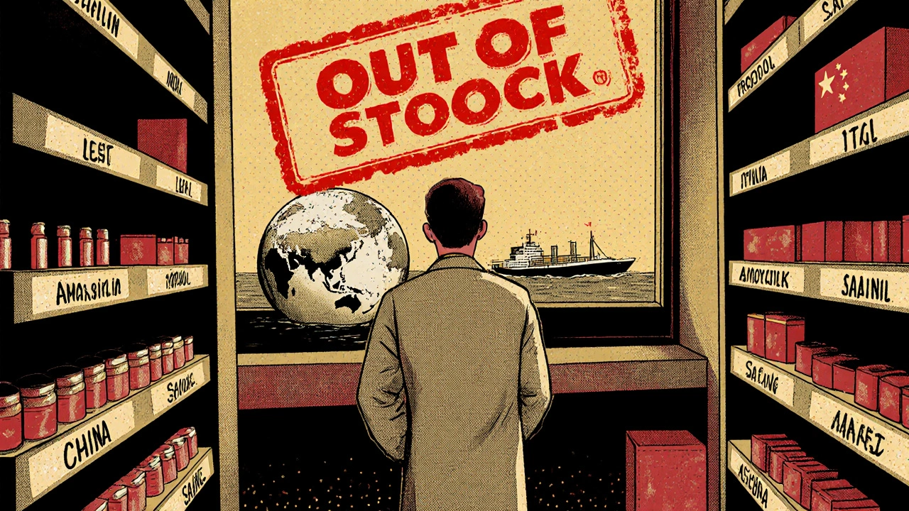 A pharmacist surrounded by empty drug shelves with a giant &#039;OUT OF STOCK&#039; stamp, global supply chains visible outside.