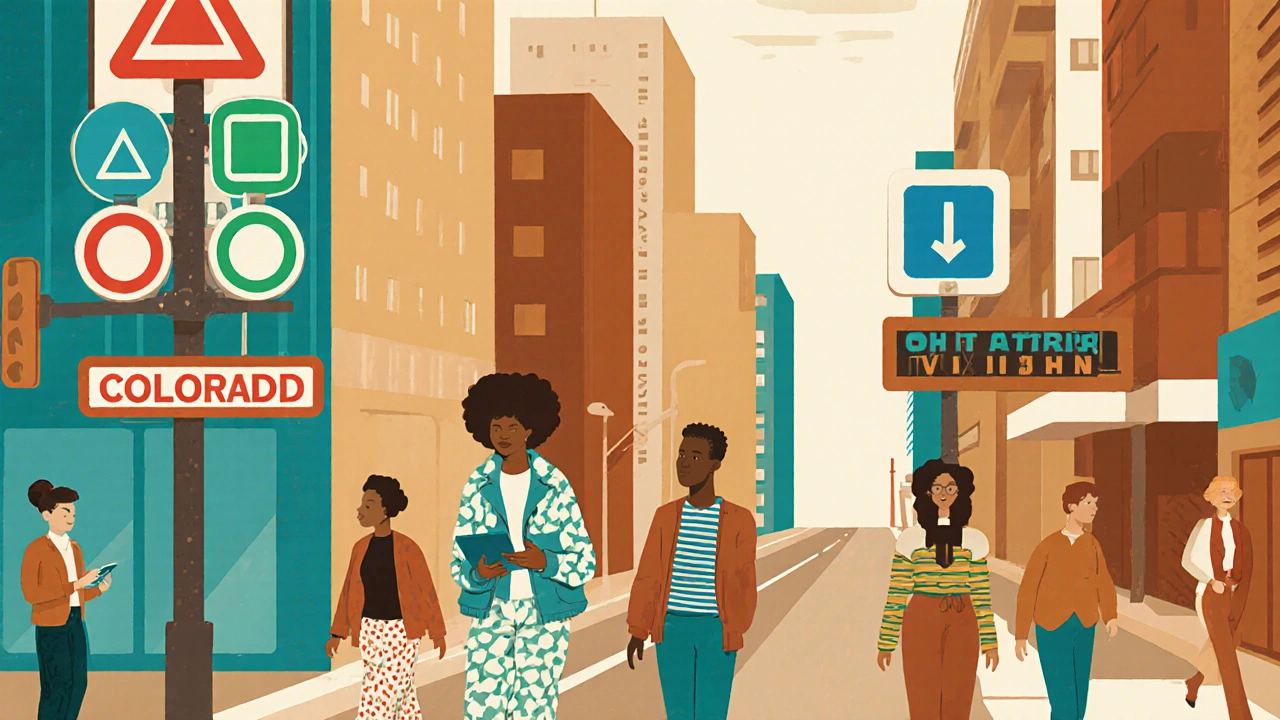 City with ColorADD symbols on transit signs and diverse people using color-accessible design in screenprint aesthetic.